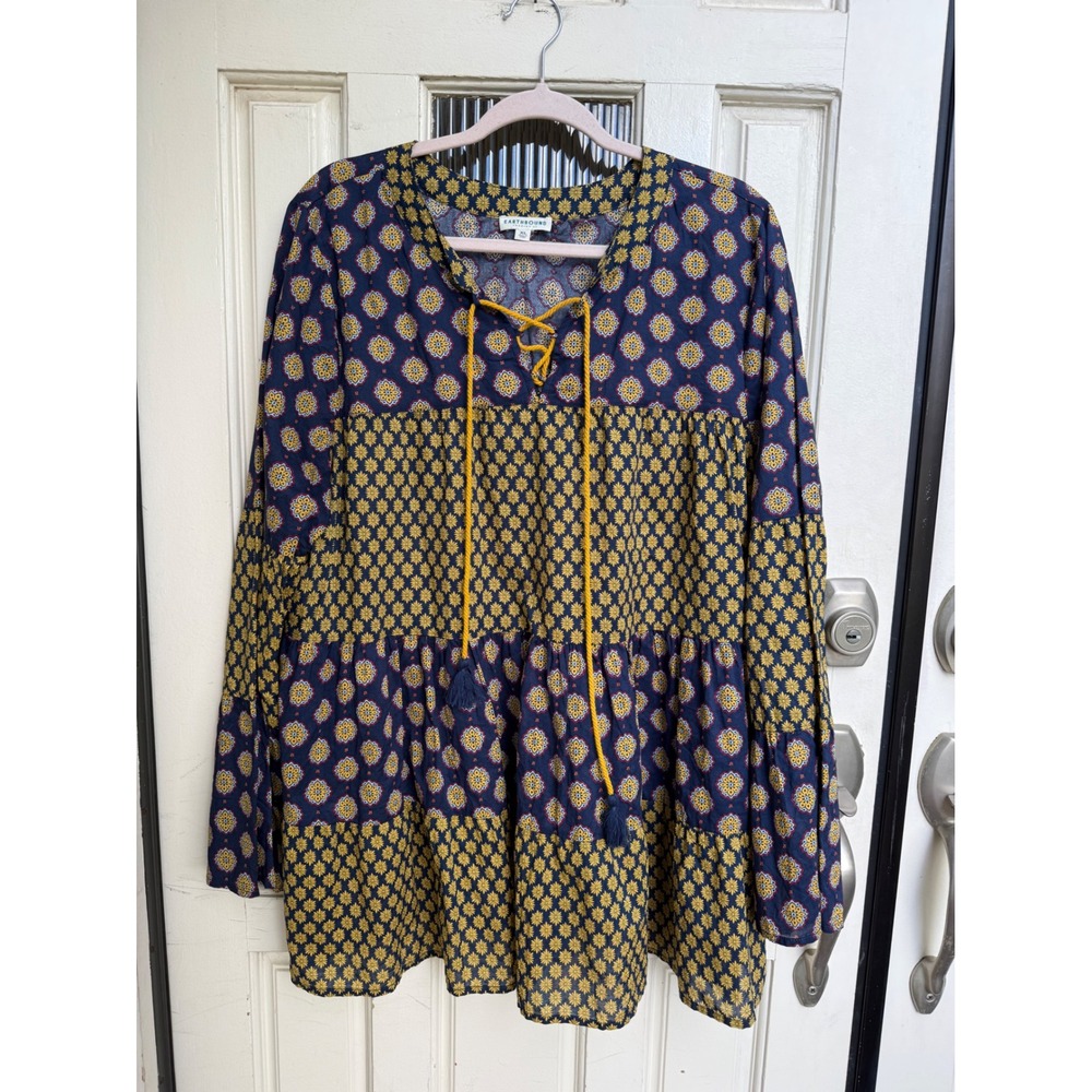 Earthbound‎ Trading Co Blue Yellow Floral Tiered Tassel Tunic Blouse Size XL